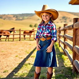 A young girl wearing stylish western wear, including a denim skirt and a plaid shirt tucked in with a belt