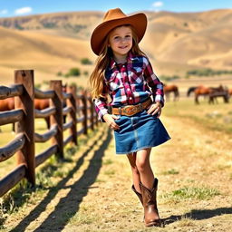 A young girl wearing stylish western wear, including a denim skirt and a plaid shirt tucked in with a belt