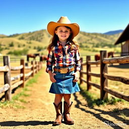 A young girl wearing stylish western wear, including a denim skirt and a plaid shirt tucked in with a belt