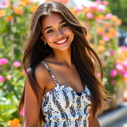 A hot brunette girl smiling, with long, flowing hair and bright, sparkling eyes