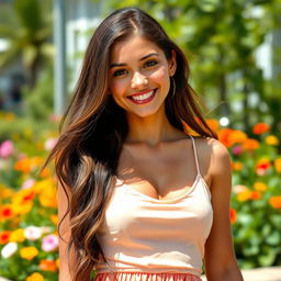 A hot brunette girl smiling, with long, flowing hair and bright, sparkling eyes