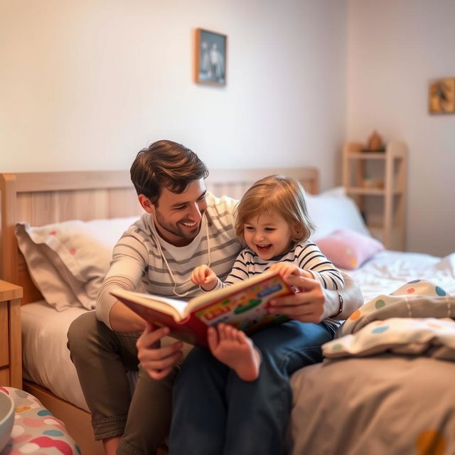 A cozy bedroom scene featuring an adult and a child engaged in a playful, innocent activity, such as reading a book or playing a game