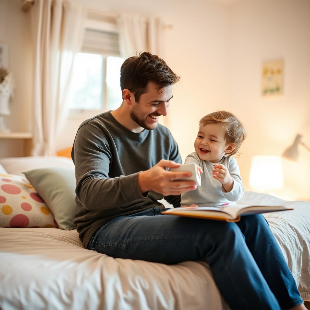 A cozy bedroom scene featuring an adult and a child engaged in a playful, innocent activity, such as reading a book or playing a game