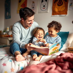 A cozy bedroom scene featuring an adult and a child engaged in a playful, innocent activity, such as reading a book or playing a game