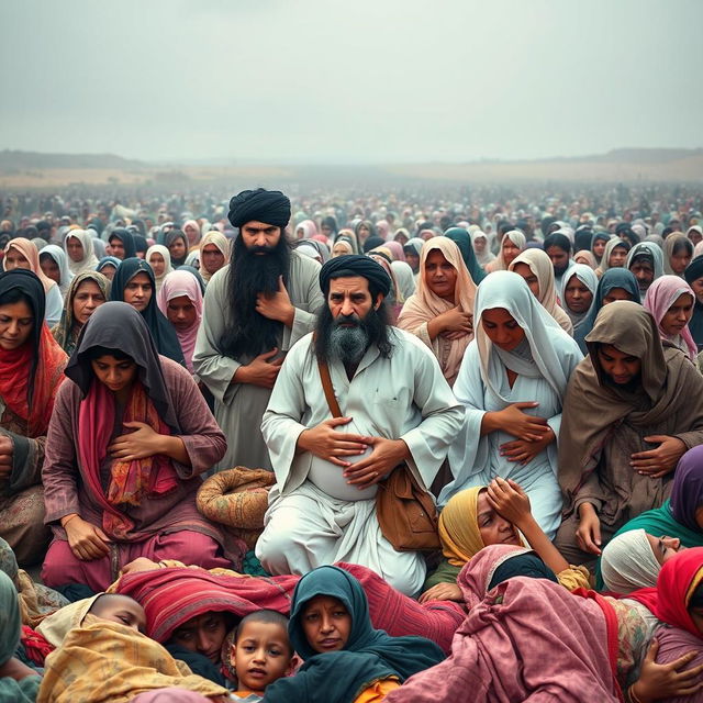 A large outdoor scene depicting several pregnant women and ill women in distress, grasping their bellies