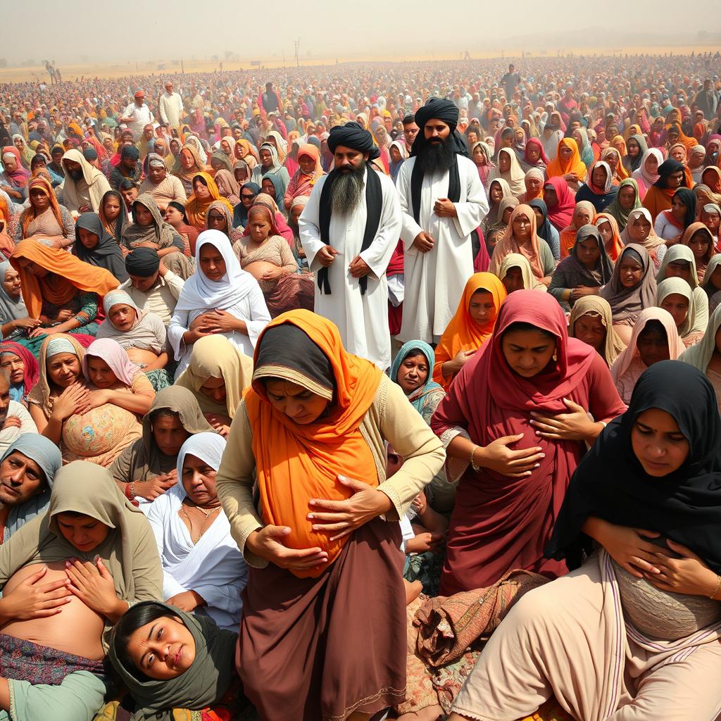 A large outdoor scene depicting several pregnant women and ill women in distress, grasping their bellies