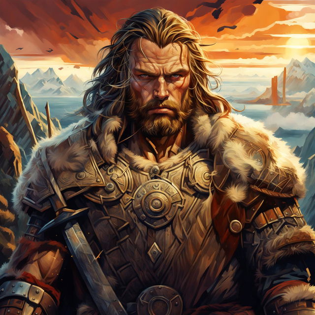 A highly detailed digital art image of Ivar the Boneless, a legendary Norse figure, in traditional Viking attire against a breathtaking Norse landscape