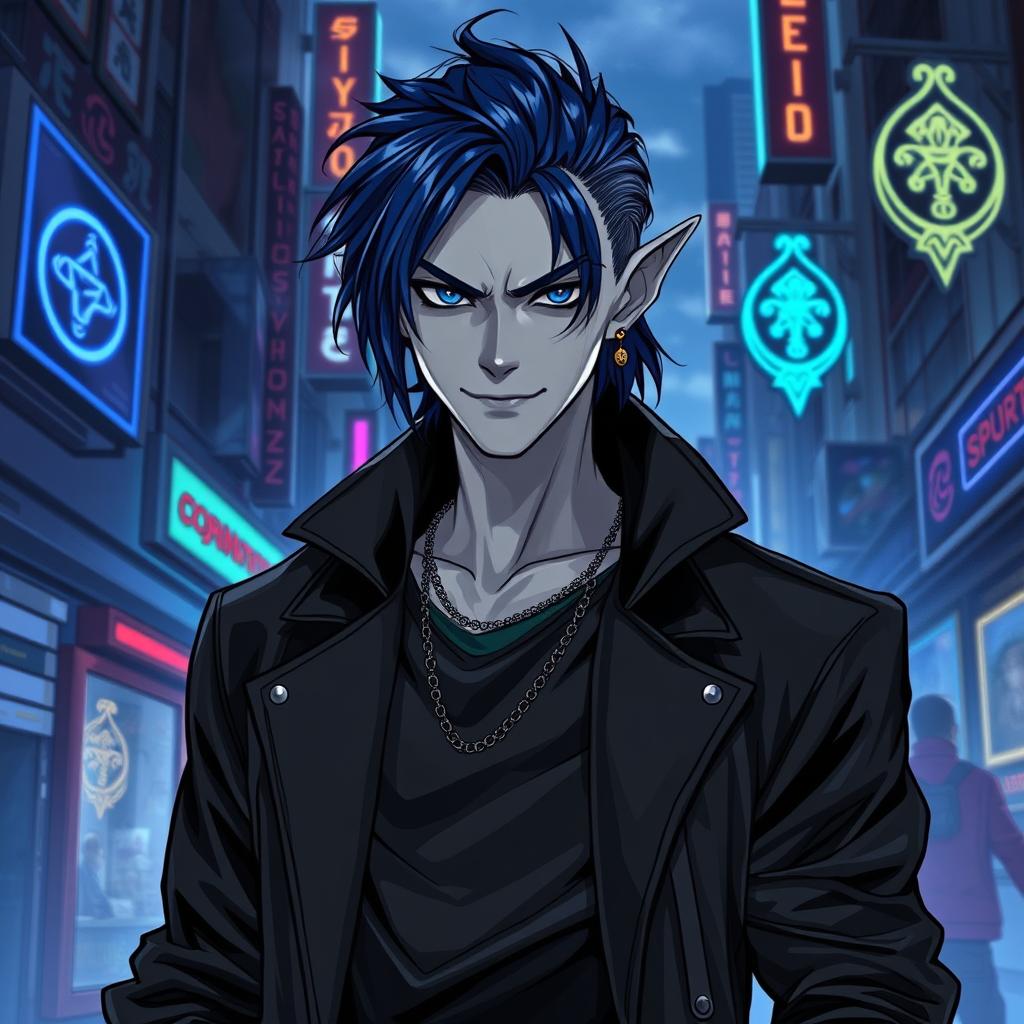 A striking urban fantasy character portrait featuring a male Drow dark elf with dark blue hair and gray skin