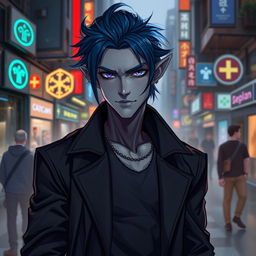 A striking urban fantasy character portrait featuring a male Drow dark elf with dark blue hair and gray skin