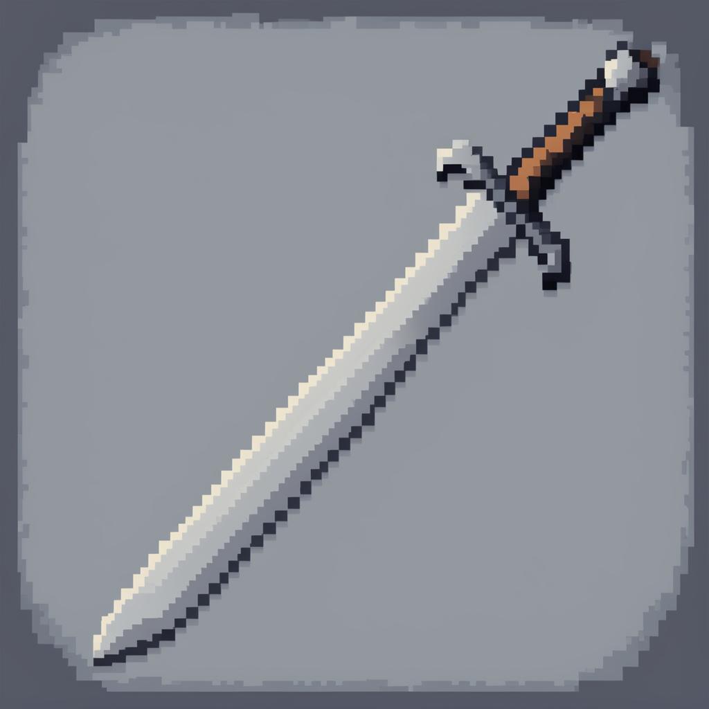 This is a pixel art image of a basic sword, featuring a grey blade, a dark crossguard, a textured grip, and a circular pommel, all rendered in a simple yet striking pixelated design