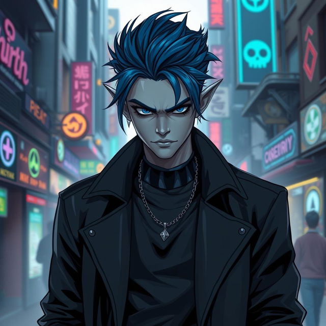 A striking urban fantasy character portrait featuring a male Drow dark elf with dark blue hair and gray skin
