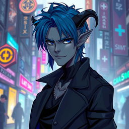 A striking urban fantasy character portrait featuring a male Drow dark elf with dark blue hair and gray skin