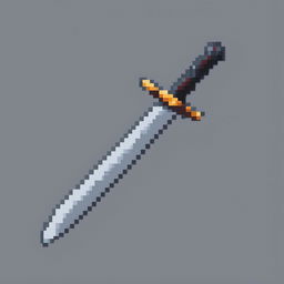 This is a pixel art image of a basic sword, featuring a grey blade, a dark crossguard, a textured grip, and a circular pommel, all rendered in a simple yet striking pixelated design