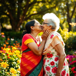 A tender moment capturing the affectionate kiss between an Indian woman and an elderly American woman, showcasing cultural harmony and friendship