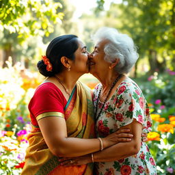 A tender moment capturing the affectionate kiss between an Indian woman and an elderly American woman, showcasing cultural harmony and friendship