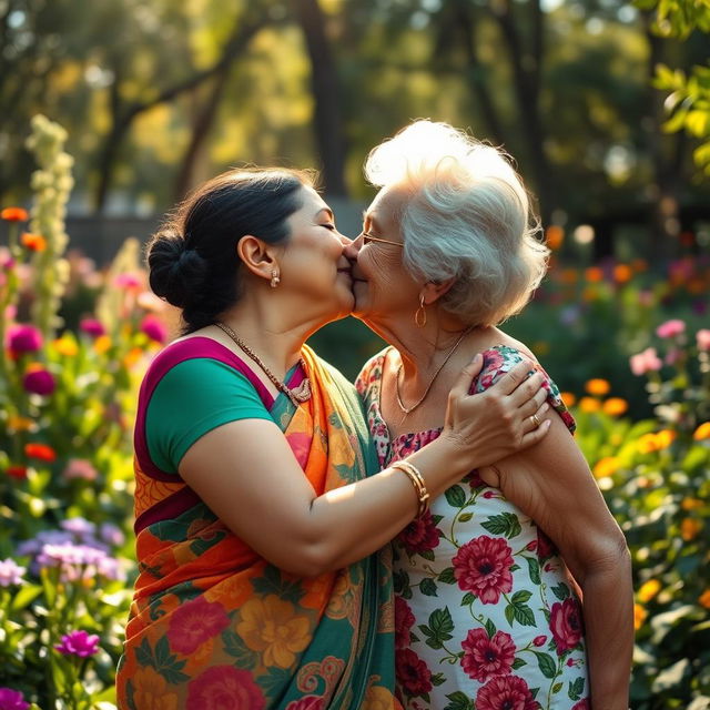 A tender moment capturing the affectionate kiss between an Indian woman and an elderly American woman, showcasing cultural harmony and friendship