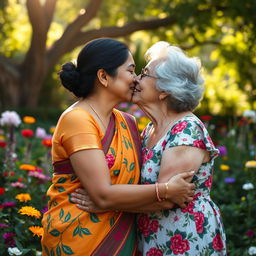 A tender moment capturing the affectionate kiss between an Indian woman and an elderly American woman, showcasing cultural harmony and friendship