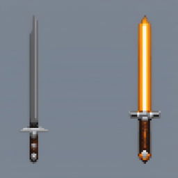 This is a pixel art image of a basic sword, featuring a grey blade, a dark crossguard, a textured grip, and a circular pommel, all rendered in a simple yet striking pixelated design