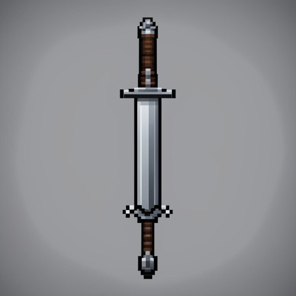 This is a pixel art image of a basic sword, featuring a grey blade, a dark crossguard, a textured grip, and a circular pommel, all rendered in a simple yet striking pixelated design