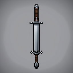 This is a pixel art image of a basic sword, featuring a grey blade, a dark crossguard, a textured grip, and a circular pommel, all rendered in a simple yet striking pixelated design