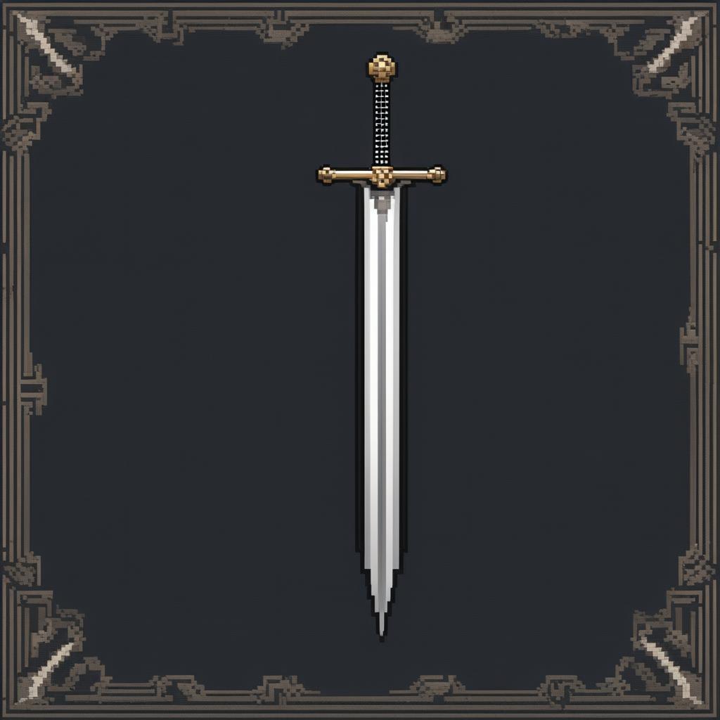 A high-resolution pixel art image of a sword, with a silver blade and a dark, intricately designed hilt against a deep black background