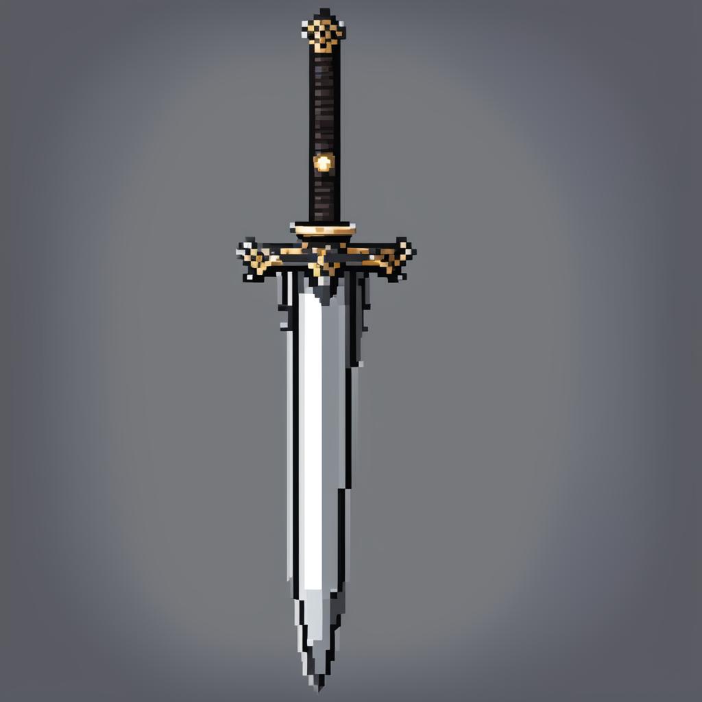 A high-resolution pixel art image of a sword, with a silver blade and a dark, intricately designed hilt against a deep black background