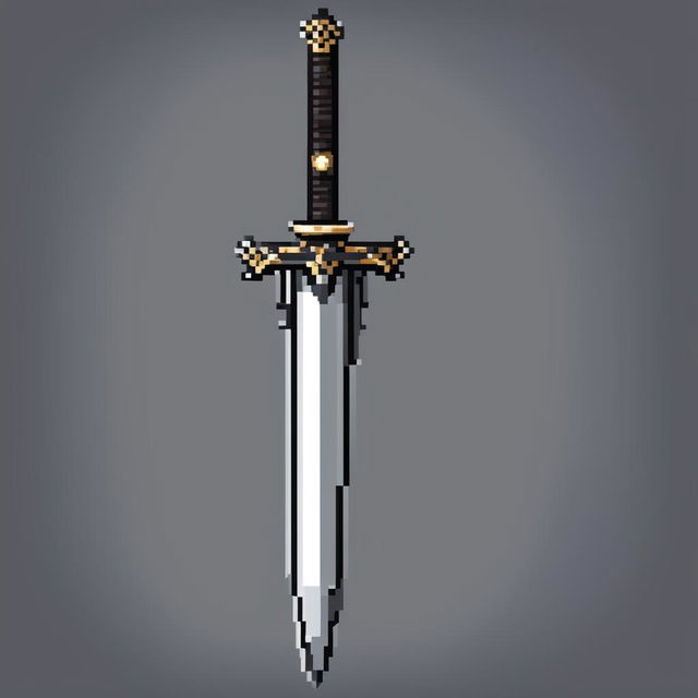 A high-resolution pixel art image of a sword, with a silver blade and a dark, intricately designed hilt against a deep black background