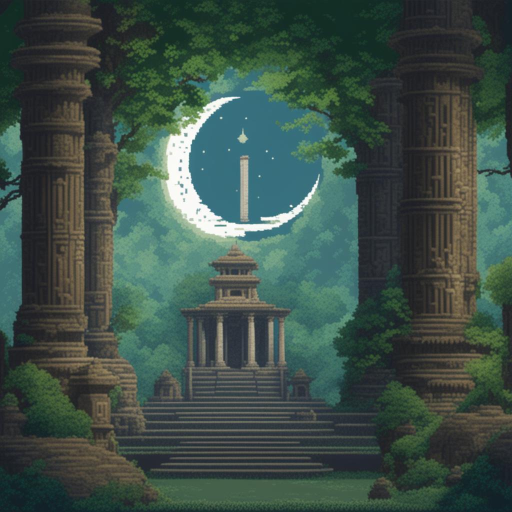 A pixel art image depicting an ancient temple complex in a lush jungle under a large round white moon