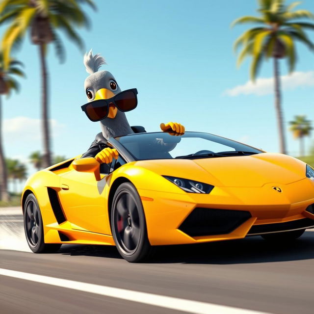 A 3D cartoon-style, human-like pigeon confidently driving a bright yellow Lamborghini on a sunny day