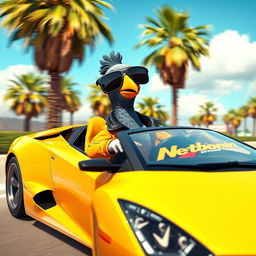 A 3D cartoon-style, human-like pigeon confidently driving a bright yellow Lamborghini on a sunny day