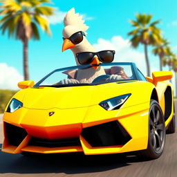 A 3D cartoon-style, human-like pigeon confidently driving a bright yellow Lamborghini on a sunny day