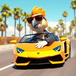 A 3D cartoon-style, human-like pigeon confidently driving a bright yellow Lamborghini on a sunny day