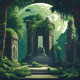 A pixel art image depicting an ancient temple complex in a lush jungle under a large round white moon