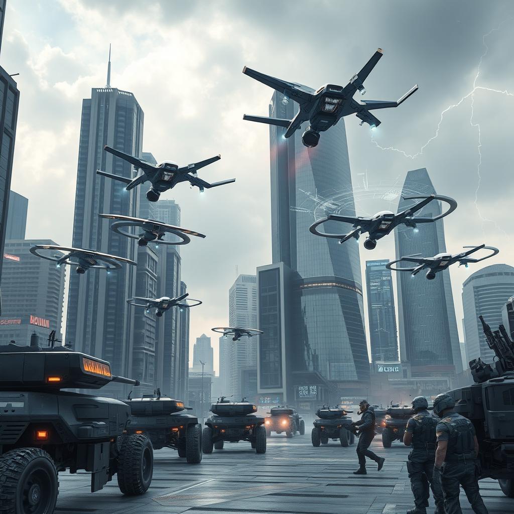 A futuristic scene showcasing a Revolutionary Smart Defense System in action
