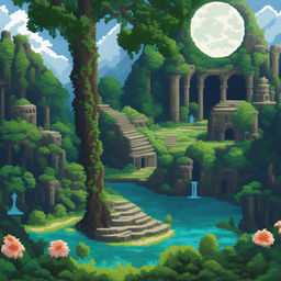 A pixel art image depicting an ancient temple complex in a lush jungle under a large round white moon