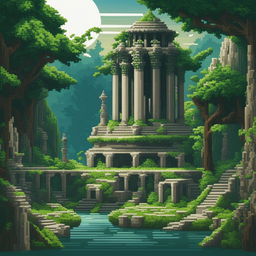 A pixel art image depicting an ancient temple complex in a lush jungle under a large round white moon