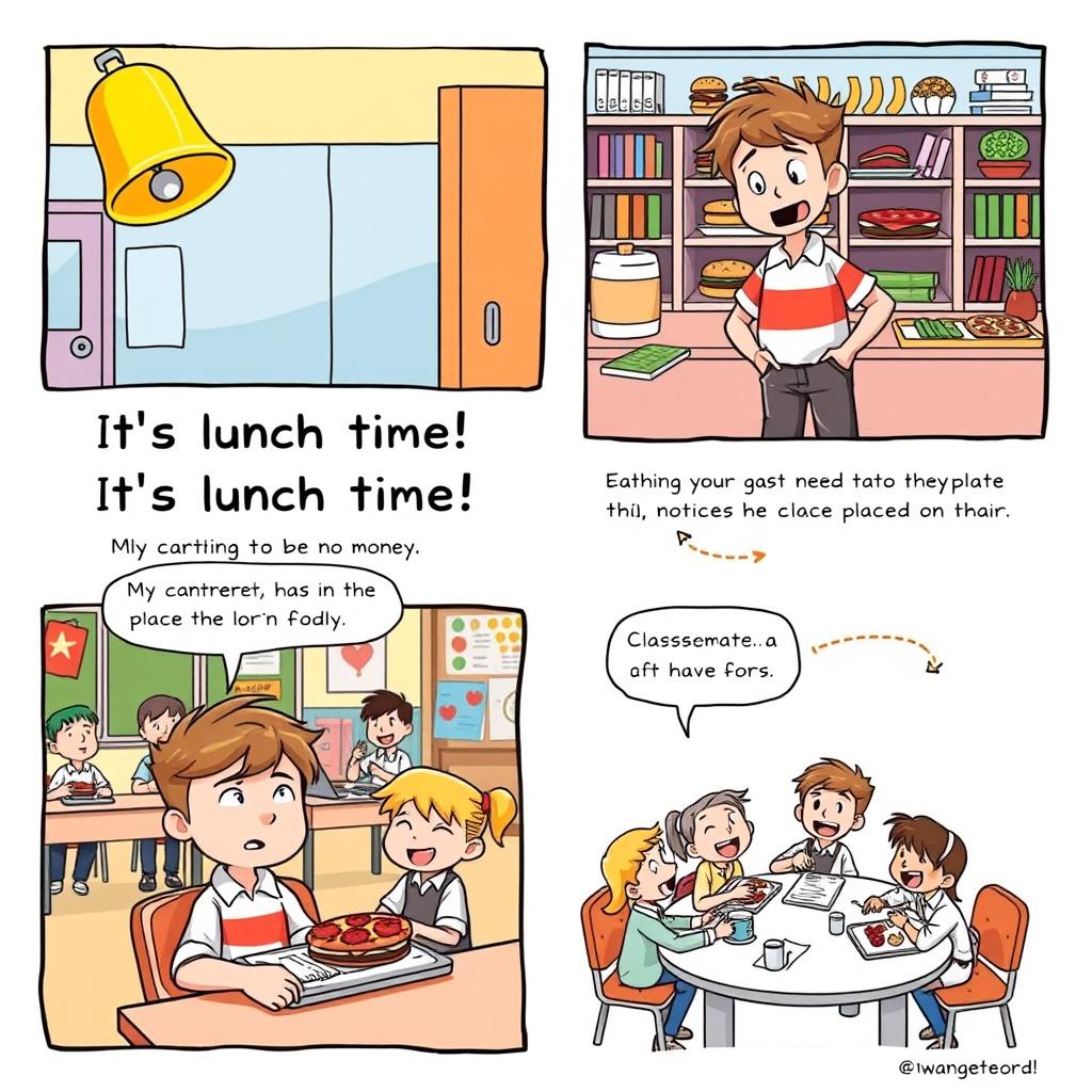 A 6 panel comic strip featuring a lunch time theme