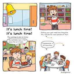 A 6 panel comic strip featuring a lunch time theme