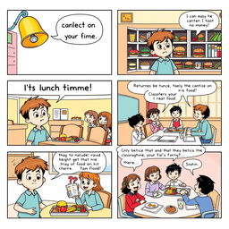 A 6 panel comic strip featuring a lunch time theme