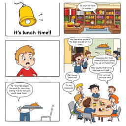 A 6 panel comic strip featuring a lunch time theme