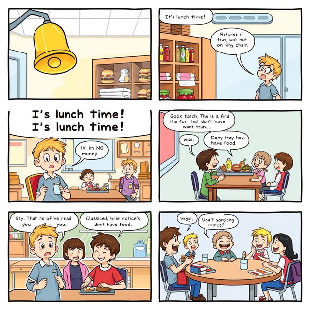 A 6 panel comic strip featuring a lunch time theme