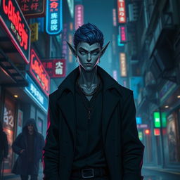 An urban fantasy character, featuring a male Drow dark elf with striking dark blue hair and smooth gray skin