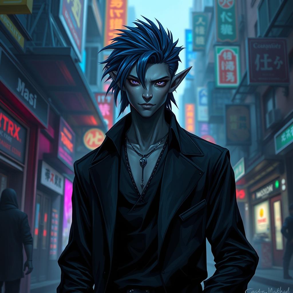 An urban fantasy character, featuring a male Drow dark elf with striking dark blue hair and smooth gray skin