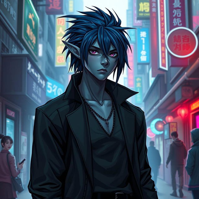 An urban fantasy character, featuring a male Drow dark elf with striking dark blue hair and smooth gray skin
