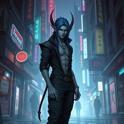 An urban fantasy character, featuring a male Drow dark elf with striking dark blue hair and smooth gray skin