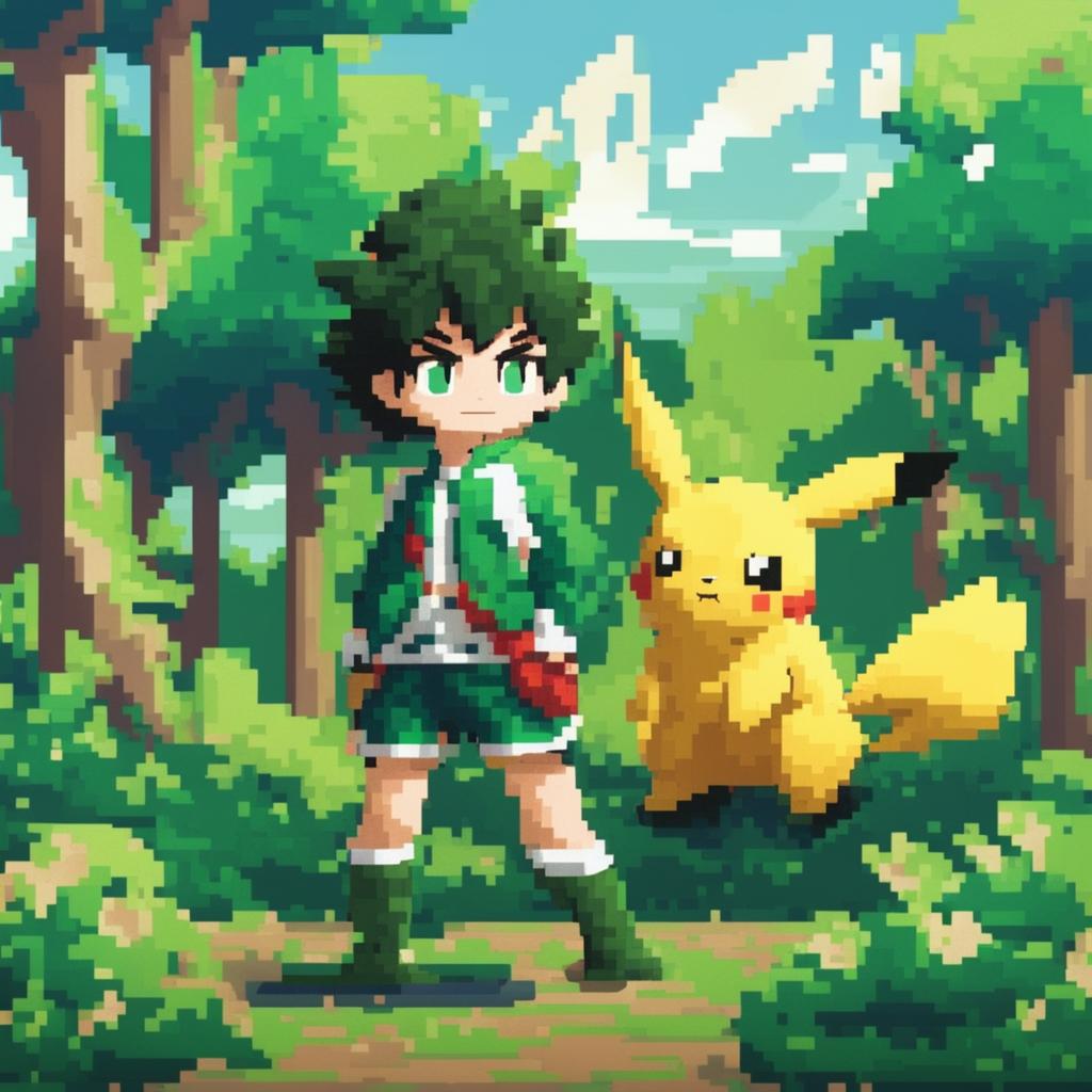 A pixel art rendition of Midoriya Izuku from My Hero Academia as a Pokémon trainer, standing in a verdant landscape with Pikachu