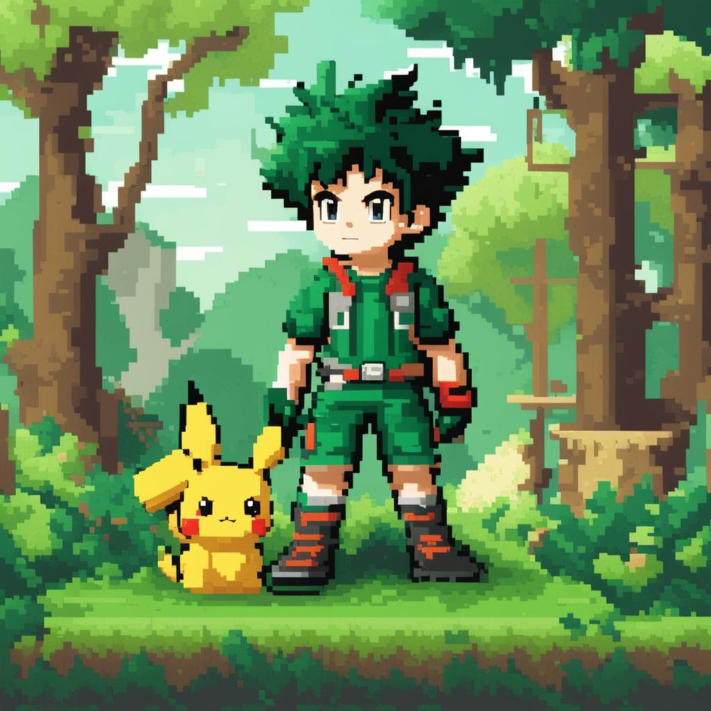 A pixel art rendition of Midoriya Izuku from My Hero Academia as a Pokémon trainer, standing in a verdant landscape with Pikachu