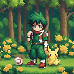 A pixel art rendition of Midoriya Izuku from My Hero Academia as a Pokémon trainer, standing in a verdant landscape with Pikachu