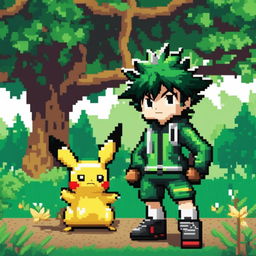 A pixel art rendition of Midoriya Izuku from My Hero Academia as a Pokémon trainer, standing in a verdant landscape with Pikachu