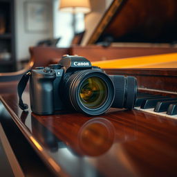 A high-quality still life composition featuring a DSLR camera elegantly placed next to a grand piano